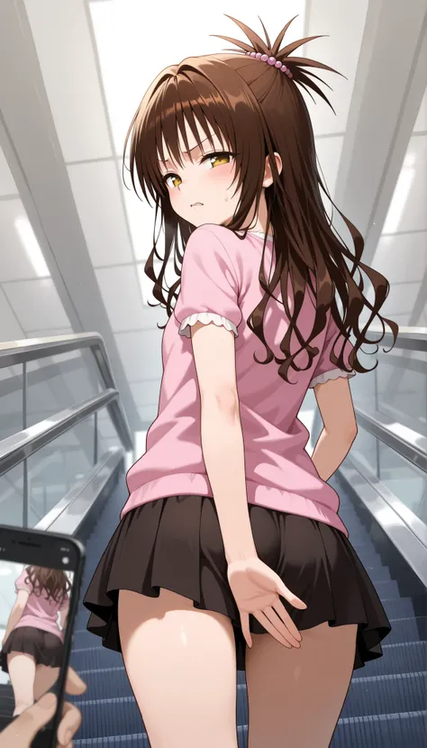 masterpiece, best quality, newest, absurdres, highres,newest, huge filesize,yuuki mikan, to love-ru, clothed female ,BREAK, from behind, looking back, 1girl, (disgust:1.2), half-closed eyes, (no pupils:1.2), (looking back:0.7), covering crotch, from behind...