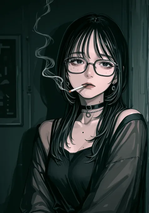 drawing of a woman smoking a cigarette while looking at something in the distance, 1girl, solo, glasses, cigarette, looking at viewer, black hair, mole, jewelry, smoking, choker, Japanese_art,
