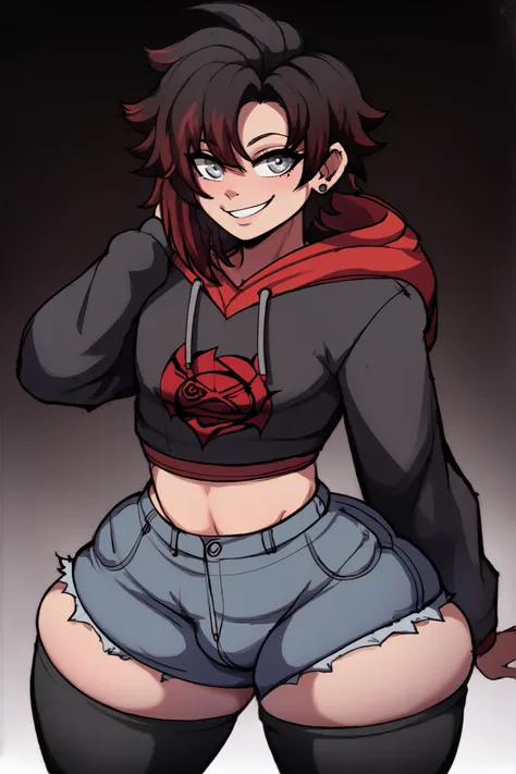 Masterpiece, Simple background, High Resolution, Accurate, Anatomically Correct, Best Quality, High Details, HD, High Quality, Stable, perfect face, blackwhiplash style,1 beautiful femboy ruby rose, silver eyes, cute smile, black jean shorts, red hoodie, s...