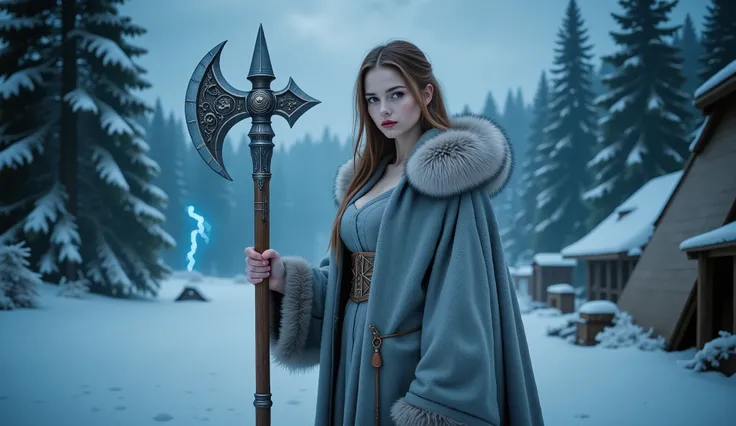 beautiful seductive,   Scandinavian girl, with beautiful appearance in, holds an incredibly beautiful ax against the background of snow and a raging storm near the village, masterpiece, Better quality, high quality, complex parts, clearly, fantasy style st...