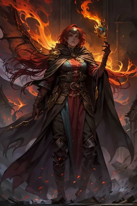 fantasy dnd character, female, scourge assimar, gold dragon scales, glowing eyes, masquerade mask, red hair streaks, flaming staff, cloak, fantasy outfit, robes, circus, blond hair, wings, chaotic neutral, long hair, cloak, burnt mask, mysterious, dark col...