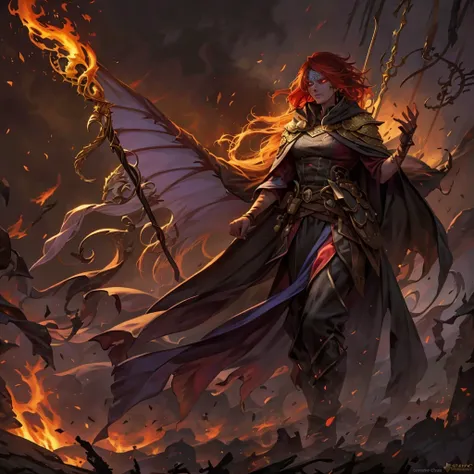 fantasy dnd character, female, scourge assimar, gold dragon scales, glowing eyes, masquerade mask, red hair streaks, flaming staff, cloak, fantasy outfit, robes, circus, blond hair, wings, chaotic neutral, long hair, cloak, burnt mask, mysterious, dark col...