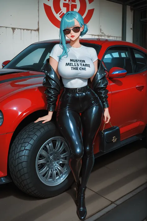 in a huge old garage toolboxes, Workbenches, large neon blue Ford emblem on the wall, perfect lighting over the head, extra bright dark red metallic pearl, extra baixo, Mustang Mach 1 (1969) • , matte black graphics 302 Boss on the front sides, personalize...