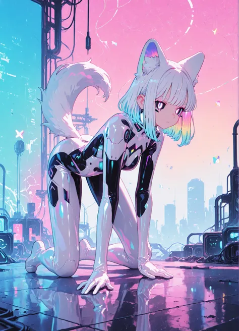 high quality, masterpiece, best quality, white wolf girl character, flowing white hair with luminous highlights, elegant wolf ears, sleek white latex bodysuit design, black inner accents, glowing white eyes, futuristic sci-fi backdrop, chrome reflective te...