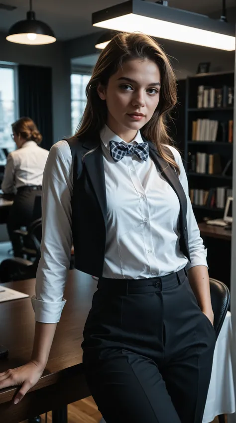 alisas,ultra detailed portrait:
- Adult professional woman
- Elegant business outfit
- White dress shirt with bowtie
- Fitted vest and trousers
- Professional styling
- Sophisticated pose
- Corporate environment
- Dynamic lighting
- Professional compositio...