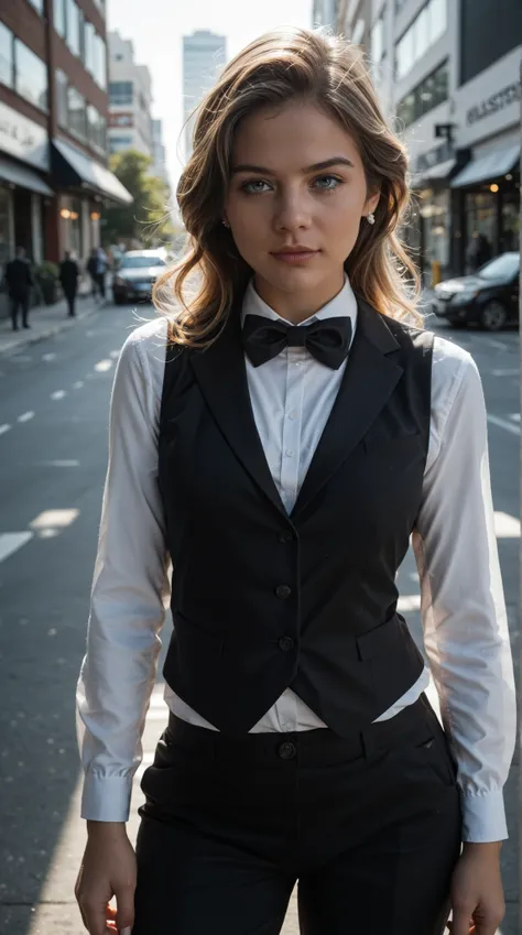 alisas,ultra detailed portrait:
- Adult professional woman
- Elegant business outfit
- White dress shirt with bowtie
- Fitted vest and trousers
- Professional styling
- Sophisticated pose
- Corporate environment
- Dynamic lighting
- Professional compositio...