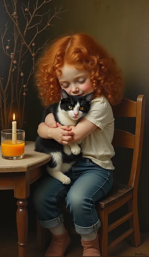 created a painting with oil painting with huge details , In the style of the artist Leonardo Davinci , The art of the era of European Renaissance ,  A fully detailed painting of a little girl sitting on a chair with her black and white cat in her arms and ...