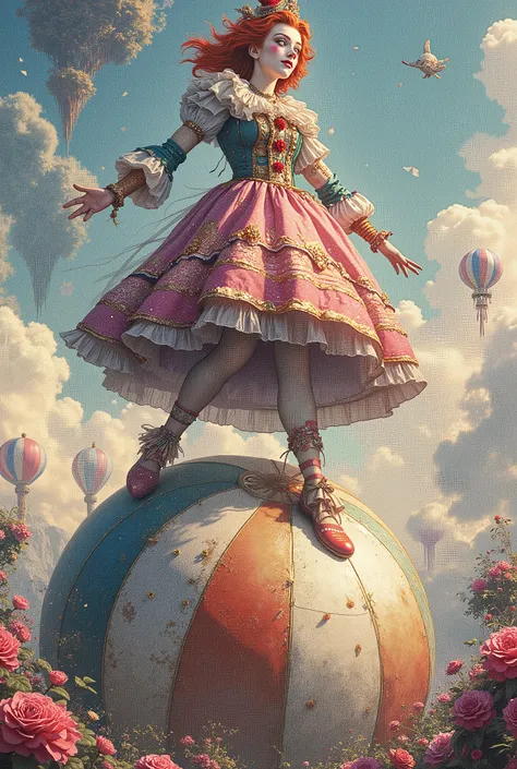   {A clown woman riding a big ball } ,    Very Easy to Understand      、dreamy, Surreal mixed fantasy world,  A combination of realistic and fantastic elements 