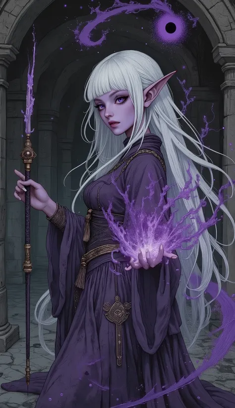 (A fusion of Ukiyo-e and dark fantasy. Aesthetic and gothic digital art. Draw a detailed face. Look away.) BREAK
(Transparent white hair. Blunt bangs. White eyebrows. Long white eyelashes. Almond-shaped eyes. Lavender-colored eyes. Thick, dark eyeliner. S...