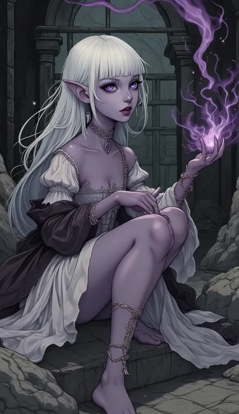 (A fusion of Ukiyo-e and dark fantasy. Aesthetic and gothic digital art. Draw a detailed face. Look away.) BREAK
(Transparent white hair. Blunt bangs. White eyebrows. Long white eyelashes. Almond-shaped eyes. Lavender-colored eyes. Thick, dark eyeliner. S...