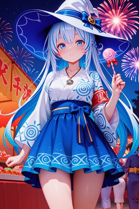masterpiece, Highest Quality, Amazing Quality, with a perfect face, highest resolution, 8k, anime-style images, detailed eyes, Clear eyes, 1girl, solo, one chibi girl,Ryugu Unotsukai Musume, Blue hair, (White two-striped hair), swirling idiot hair, Long Hair, Birdcage Teapot, large swirl pendant with ribbon on chest, 「SeaArt」armband with the letters, Yukata, large on the waist with a round swirl pattern in the middle {x} short standing red rabbit headband with white lines, White and blue Yukata、Swirl pattern on the skirt, Yukata, sexy Yukata, slit, fireworks display, festival, food stall, fireworks, shooting up into the sky, colorful fireworks, light from a food stall, light from fireworks, night, goldfish fishing stall, frankfurter stall, crowd, Wizard, wizard outfit, sweets wizard, wizard hat, candy wand, candy wand, cute wizard, candy wizard, wizard outfit made of sweets, casting a dessert-serving spell, magical effect, dynamic pose, Low-angle, fluffy atmosphere, (((clear contrast between light and dark, cool color image)))