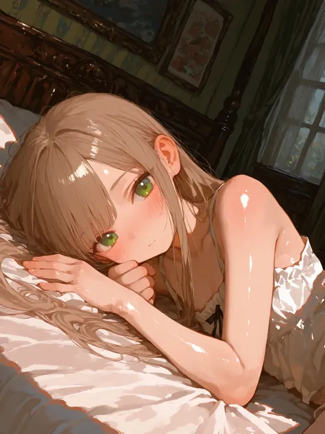 beautiful day, cute room, 1girl, loli, young, slim, laying on bed, cute pose, blush, beautiful hair, twin tales hair, beautiful skin, lush, (Masterpiece), 걸작, 고화질, newest, perfection, (best quality), (highest quality), (detailed), (aesthetic), beautiful an...