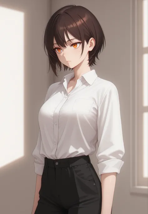 Masterpiece, Good Resolution, HD Quality, Newest. Good Anatomy. Good Lighting, Safe. Beautiful, Anime, Japanese Girl, Delicate Features. Dark Brown Hair and Short Hair, Hairstyle. Intense Orange Eyes. Fair Skin, Medium Breast Size C, Slim Build. She Is 20 ...