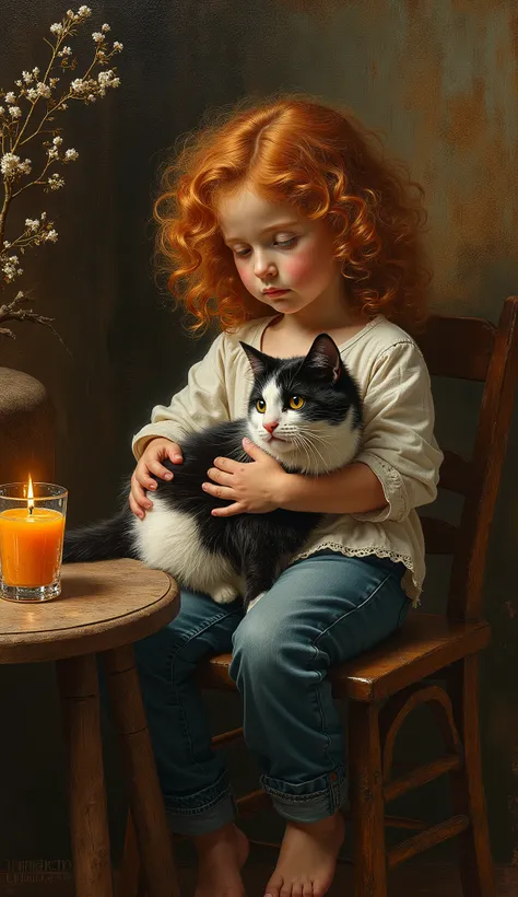 created a painting with oil painting with huge details , In the style of the artist Leonardo Davinci , The art of the era of European Renaissance ,  A fully detailed painting of a little girl sitting on a chair with her black and white cat in her arms and ...