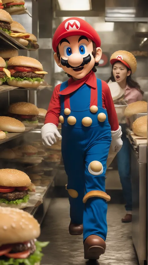 highdefinition image、The live-action version of Super Mario Bros. is on a rampage at a hamburger shop at noon