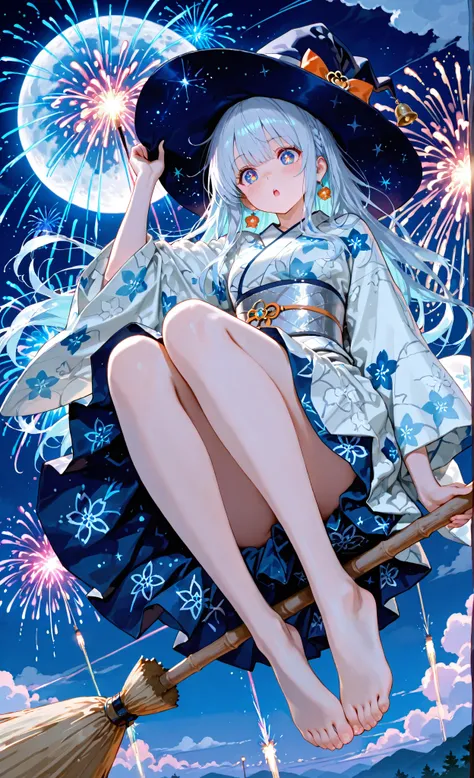 masterpiece, best quality, high resolution, side perspective, magical girl perched on floating broom, traditional blue yukata with moon and cloud pattern, silver obi swaying, witch hat with bells, bare feet swinging, amazed expression watching fireworks, festival stalls below, colorful explosions reflecting in eyes, magical energy trails, at night