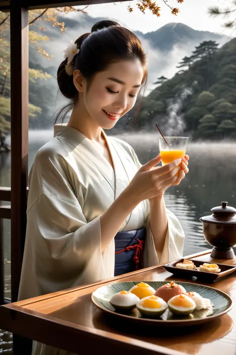 A beautiful Japanese woman in a silk kimono eats a small traditional breakfast on a wooden platform by a misty lake. The framing is close enough to see the delicate bowls and plates of food clearly. A tiny Japanese white-eye bird perches beside her tray, a...