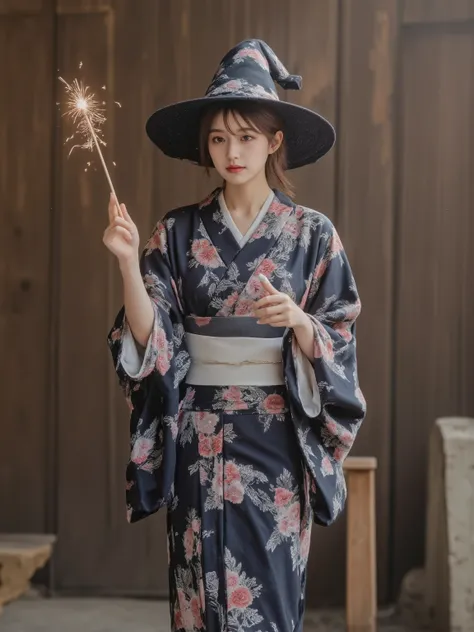 wearing a yukata、A beautiful woman wearing a witch hat is setting off fireworks from a magic wand, Precise and detailed,High Quality,Realistic,4K,HDR,Created by experts,vivid colors,Superb Light and Shadow,Natural Texture,mystical atmosphere,fine details,D...