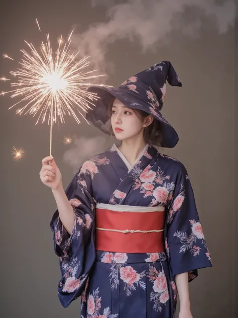 wearing a yukata、A beautiful woman wearing a witch hat is setting off fireworks from a magic wand, Precise and detailed,High Quality,Realistic,4K,HDR,Created by experts,vivid colors,Superb Light and Shadow,Natural Texture,mystical atmosphere,fine details,D...