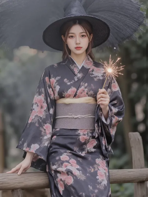wearing a yukata、A beautiful woman wearing a witch hat is setting off fireworks from a magic wand, Precise and detailed,High Quality,Realistic,4K,HDR,Created by experts,vivid colors,Superb Light and Shadow,Natural Texture,mystical atmosphere,fine details,D...