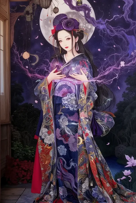 Masterpiece, best quality, ultra-detailed, 8k. A mesmerizing scene of a beautiful young Yukata Witch, a powerful sorceress in the Edo period of Japan. Subject: She has long, flowing black hair with subtle deep purple streaks, adorned with a delicate hairpi...