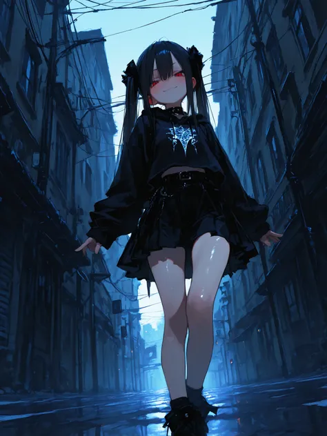 beautiful day, city street, 1girl, loli, young, slim, dynamic pose, goth fashion, extreme style, skirt, blush, lewd smirk, beautiful hair, twin tales hair, beautiful skin, lush, (Masterpiece), 걸작, 고화질, newest, perfection, (best quality), (highest quality),...