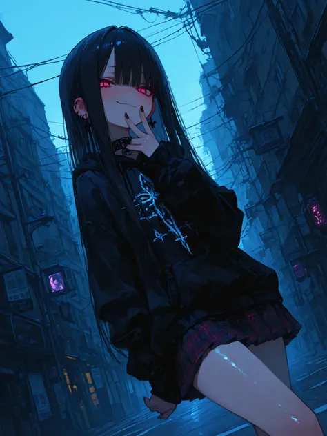 beautiful day, city street, 1girl, loli, young, dynamic pose, goth fashion, extreme style, skirt, blush, lewd smirk, beautiful hair, twin tales hair, beautiful skin, lush, (Masterpiece), 걸작, 고화질, newest, perfection, (best quality), (highest quality), (deta...