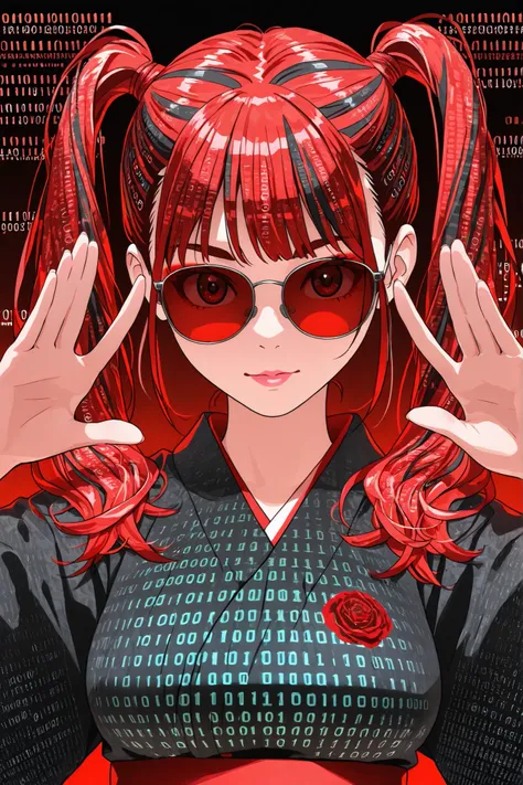 Beautiful Asian Woman, athletic body, long twin tails hair, red dyed hair, makeup and, medium_breasts, red and black Yukata, binary code pattern, Yamaguchi festival , J-pop pose, red sunglasses, red holographic binary code, portrait shot
