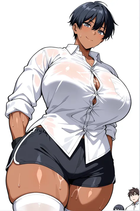 Highest Quality、Highest Image Quality、masterpiece、beautiful line art、animation、solo、(womanhood1people), (黒い髪)、very short hair、boyish hair、has bangs and is making a small scream、takamine ayako、 watch, (gray eyes)、(dark brown skin)、Smile Yan、is looking at me...