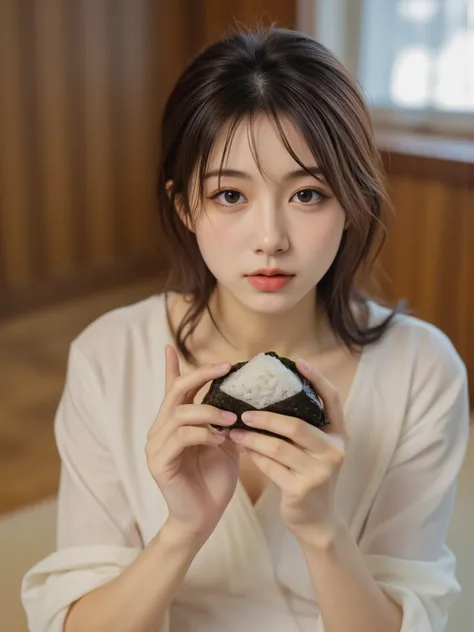 rice ball,triangle,kome_onigiri, High-quality realistic portrait,beautiful Japanese women,Japanese-style chabudai, sitting on tatami mat, I'm eating a rice ball wrapped in seaweed,graceful expression,Polite gestures,Delicate skin,glossy hair,Kimono pattern...