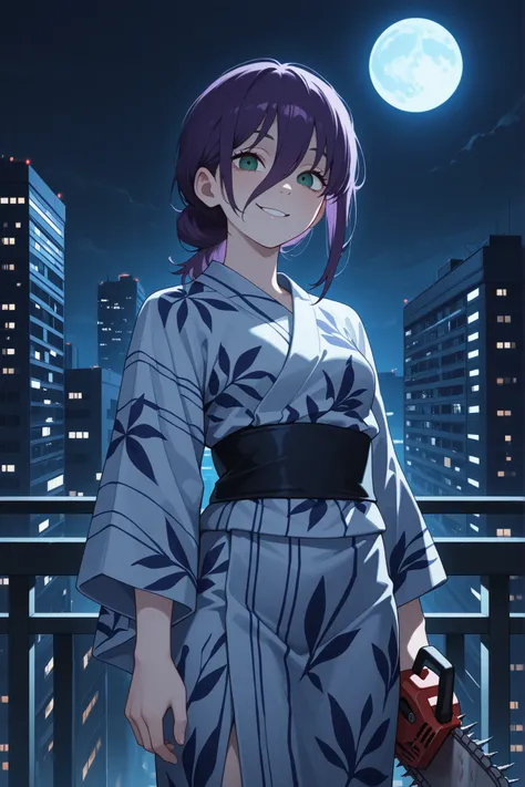 Masterpiece, Top Quality, Ultra HD, High Quality, Sharp Focus, Dynamic Composition, Cinematic, Cut, Cut (Chainsaw Man), Alone, Alone Girl, Purple Hair, Eyebrows Hidden in Hair, Green Eyes, Hair Between Eyes, Long Bangs, Medium Hair, Mature, Small Breasts, ...