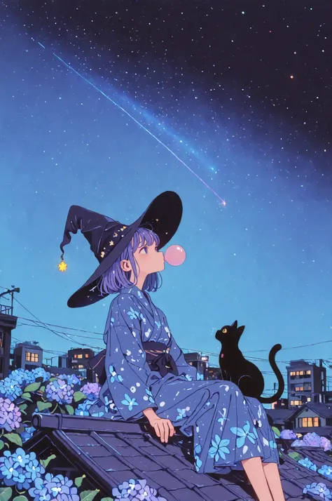 (wide view,from side face),Blowing bubble gum. Overlooking the town 、sitting on the roof of a building、1 girl,wearing a purple and blue hydrangea pattern yukata on a white background、Witch Hat、There is a little black cat on the side、yukata flutters in the ...