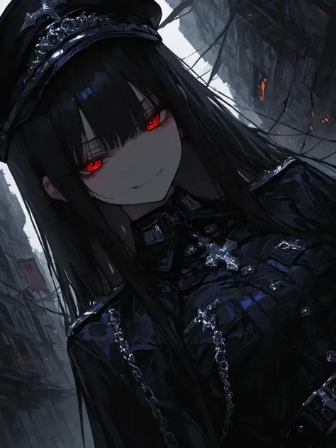 Close-up shot, focus on girl, beautiful dark night, destruction aesthetic, 1girl, young, slim, evil pose, military fashion, unique accessories, shiny chains, extreme fashion style, evil smirk, serius, beautiful hair, (Masterpiece), 걸작, 고화질, newest, perfect...