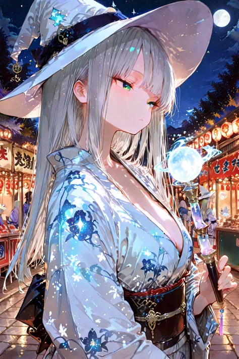 1 girl, yukata, White Witch Hat, tsurime, silver hair, long hair, straight hair, cleavage, magic wand, outdoors, stall, night, festival, stars, full moon, 
masterpiece, accurate , super detailed, high quality, best quality, 8k, 