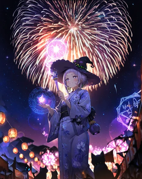 masterpiece, best quality, ultra-detailed, The view from below, 1girl, murasaki shion, hololive, witch, short hair, purple hair, purple eyes, star pupils, witch hat, black witch hat with star, yukata, purple yukata with star patterns, floral print, magic w...