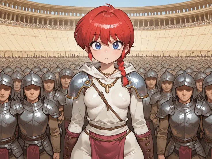 Ranma Saotome. red hair. blue eyes. braid. small breasts. wide hips. necklace. black eyeliner. pink manicure. | masterpiece, best quality, amazing quality, very aesthetic, absurdres, newest, pants, armor, hood, hood down, shoulder armor, upper body, standi...