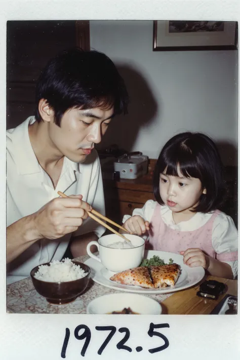 Food pictures 、Family Breakfast、(young father and little girl eating breakfast)、Husband with chopsticks、Japanese food、White rice in a teacup、miso soup、Grilled fish on a plate、Everyday Scenery in Showa Japan、Retro Interior from the 1970s,Calm cinematic pict...