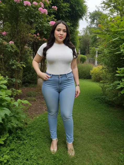 Indonesian BBW woman, beautiful face, thick eyebrows, thick lips, watch, big breasts, wearing tight t-shirt, jeans, wearing high heels, garden, flowers, trees, details, 4K, HDR, high resolution