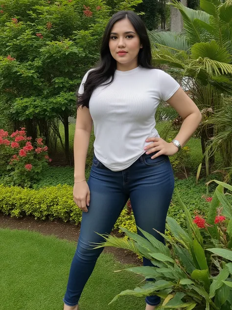 Indonesian BBW woman, beautiful face, thick eyebrows, thick lips, watch, big breasts, wearing tight t-shirt, jeans, wearing high heels, garden, flowers, trees, details, 4K, HDR, high resolution
