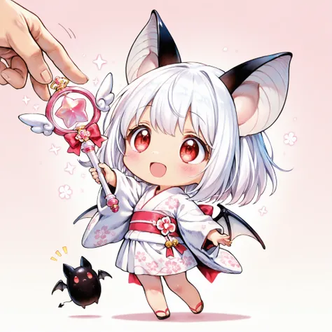 chibi,hand,Cute,masterpiece、High Quality、anime style、(2 people)、 bat girl 、black bat ears、bat wings on his back、red eyes、white medium bomb hair、young face、Delighted、white yukata、Magical Girl's Wand、anatomically accurate hands、full body、2.5 heads tall、