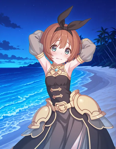 pcrkrmi, short hair, brown hair, hairband, hair ribbon, blue eyes, pkrmdef, hair ribbon, black ribbon, hair ornament, black dress, sleeveless dress, gold trim, see-through cleavage, vertical-striped clothes, detached sleeves, grey sleeves, grey skirt, long...