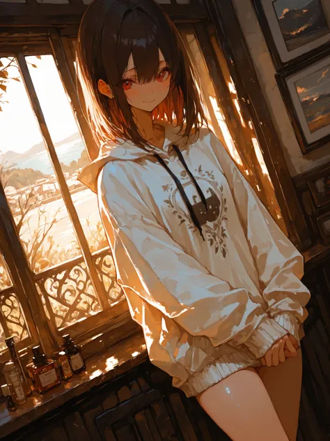 focus on girl, day, modern interior, teenager room, 1girl, young, slim, beautiful pose, comfy outfit, simple home fashion, unique accessories, beautiful hair, shy, simple small smile, (Masterpiece), 걸작, 고화질, newest, perfection, (best quality), (highest qua...