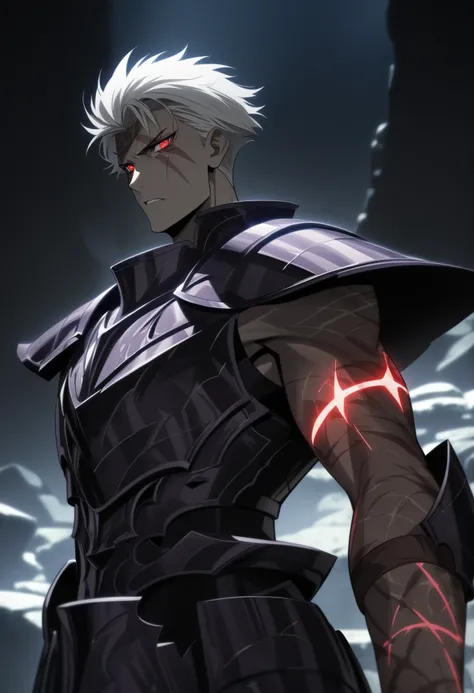 (high-quality, breathtaking),(expressive eyes, perfect face) Symmetrical Eyes, 1boy, male, solo, looking at viewer, black background, soft eerie blue lighting background, rock terrain background, Dark Purple Armor, trim, full plate armor, half body shot, s...