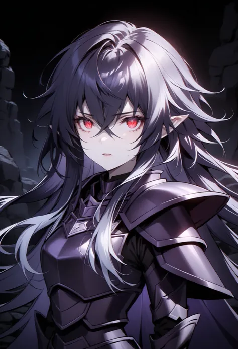 (high-quality, breathtaking),(expressive eyes, perfect face) Symmetrical Eyes, 1girl, female, solo, looking at viewer, black background, soft eerie blue lighting background, rock terrain background, Dark Purple Armor, trim, full plate armor, half body shot...