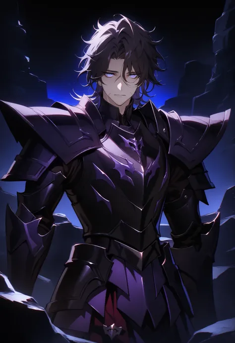 (high-quality, breathtaking),(expressive eyes, perfect face) Symmetrical Eyes, 1boy, male, solo, looking at viewer, black background, soft eerie blue lighting background, rock terrain background, Dark Purple Armor, trim, full plate armor, half body shot, s...