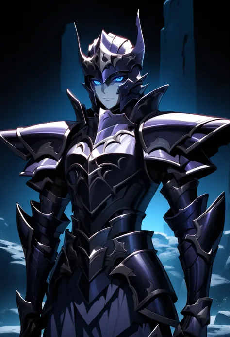 (high-quality, breathtaking),(expressive eyes, perfect face) Symmetrical Eyes, 1boy, male, solo, looking at viewer, black background, soft eerie blue lighting background, rock terrain background, Dark Purple Armor, trim, full plate armor, half body shot, s...