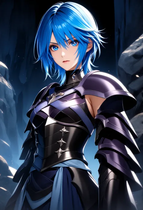 (high-quality, breathtaking),(expressive eyes, perfect face) Symmetrical Eyes, 1girl, female, solo, looking at viewer, black background, soft eerie blue lighting background, rock terrain background, Dark Purple Armor, trim, full plate armor, half body shot...