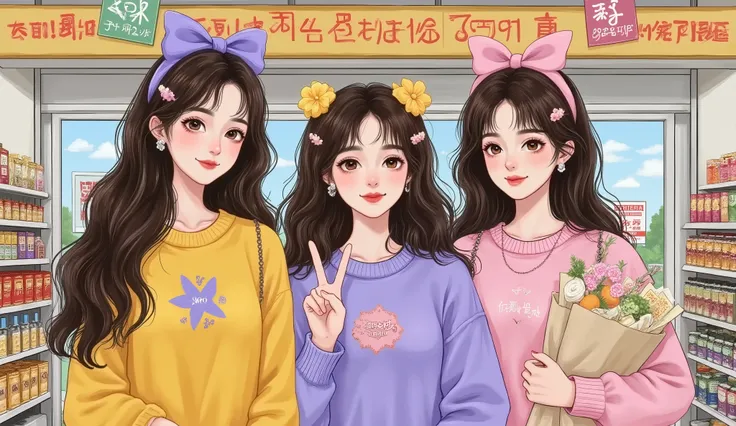 three young women around 25 years old, standing together in front of a supermarket. Each is wearing a different stylish outfit in distinct colors, showing different personalities. Semi-realistic + manhwa style, natural Douyin makeup, fair skin, portrait or...