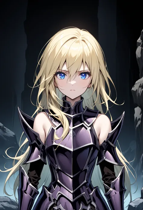 (high-quality, breathtaking),(expressive eyes, perfect face) Symmetrical Eyes, 1girl, female, solo, looking at viewer, black background, soft eerie blue lighting background, rock terrain background, Dark Purple Armor, trim, full plate armor, half body shot...