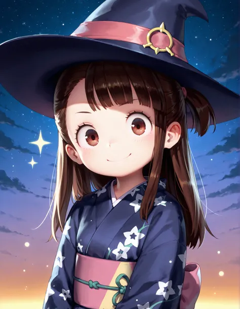 masterpiece, best quality, very aesthetic, 1girl,, hideousbeing, hideousbeingStyle,, solo, alternate eye color, asymmetrical bangs, blushes, brown eyes, brown hair, closed mouth, kagari atsuko, little witch academia, long hair, looking at viewer, smile, so...